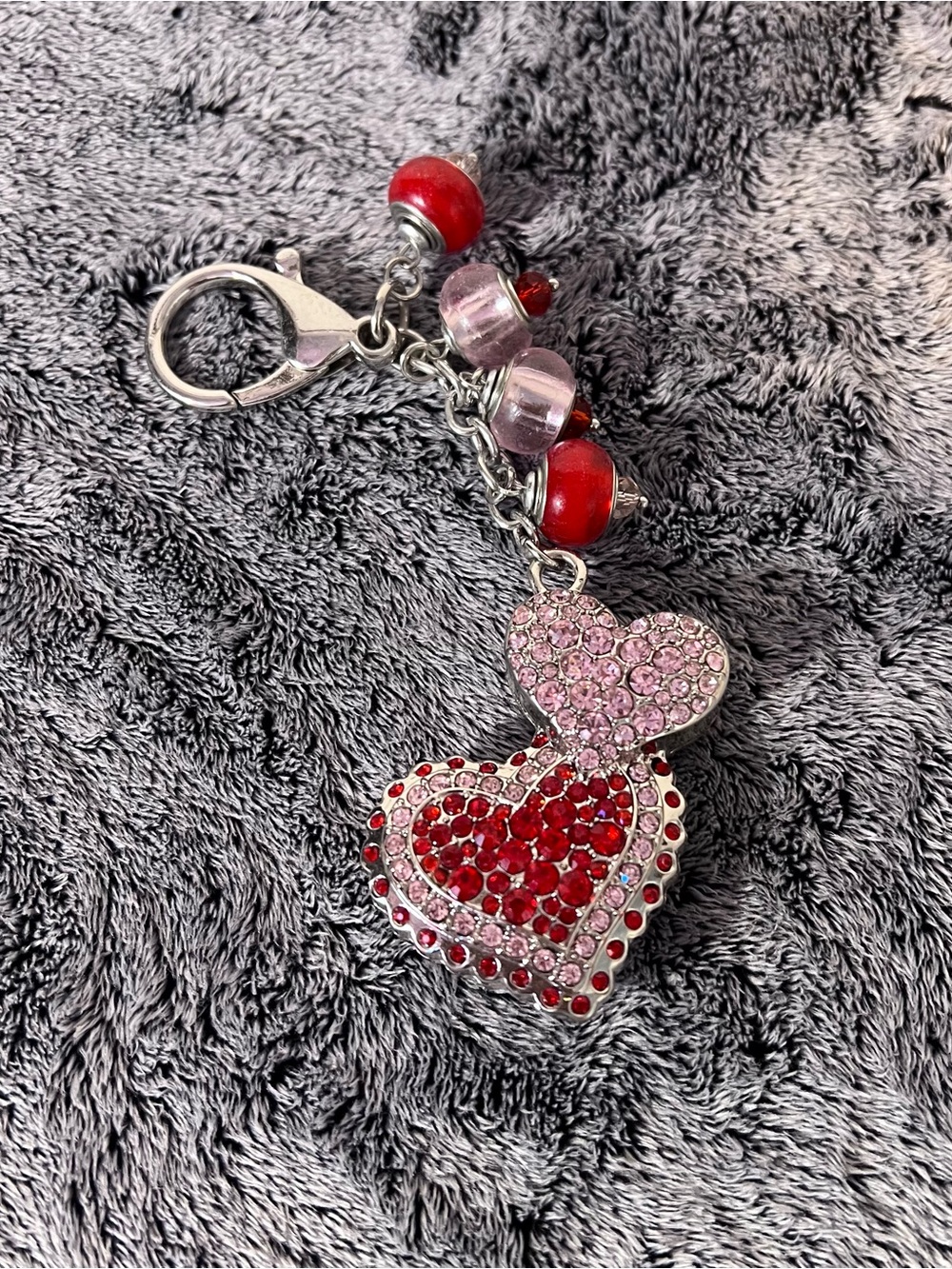 Willabee & Ward February Red Pink Double Heart Rhinestone Keychain Purse Charm